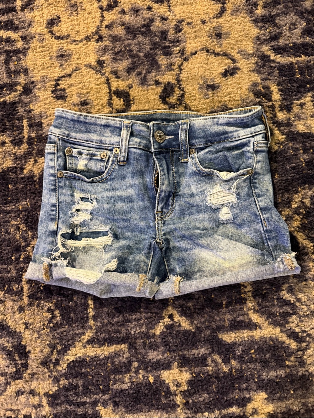 American Eagle Outfitters Light Blue Distressed Roll-Cuff Denim Shorts